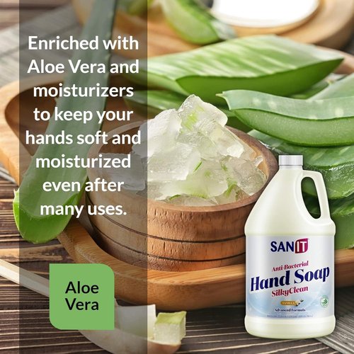 Sanit Silky Clean Antibacterial Hand Soap Refill - Moisturizing Formula with Coconut Oil & Aloe Vera - 1 Gallon, Vanilla