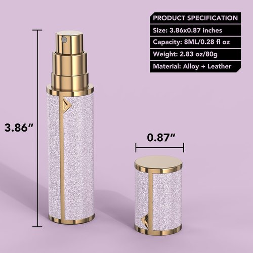 FENHON Perfume Travel Refillable Bottle, Glitter Leather Atomizer for Perfume, Portable Size Cologne Sprayer, Mini Fragrance Spray Bottle for Woman & Man Essentials (8ML Purple)