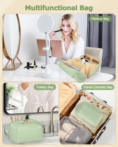 Soimeat Travel Makeup Bag Gift for Women, Soft PU Leather Cosmetic Bags, Waterproof Toiletry Bag, Portable Wide Open Pouch, Travel Cosmetic Bag with Divider and Handle, Medium, Green