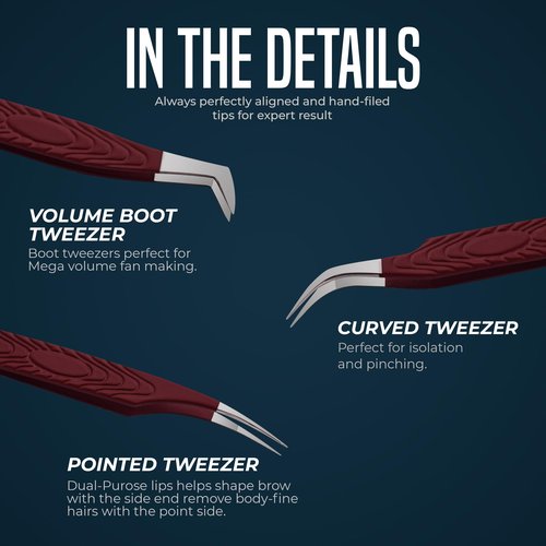 Eyelash Extension Tweezers, KHADMI IMPEX Fiber Tip Lash Tweezers - Set of 3 Eyelash Tweezers - Straight and Curved And Volume Eye Lash Tweezers for Extensions (Maroon)