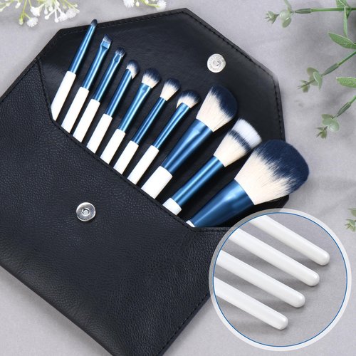 SHELWIN Makeup Brushes Set With Case 10Pcs White Makeup Brush Kit Foundation Eyeshadow Powder Blending Kabuki Eyebrow Eyelash Brushes Cosmetic Brush Travel Kit Gift (White+Blue)