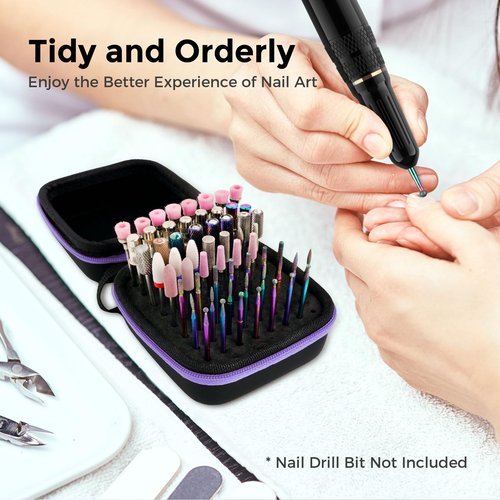 Lavinda Nail Drill Bits Holder, Dustproof Displayer Organizer Container, 64 Holes Nail Bits Container Box Case with High Density Foam to Avoid Slipping & Scratches,Purple (Drill Bits Not Included)