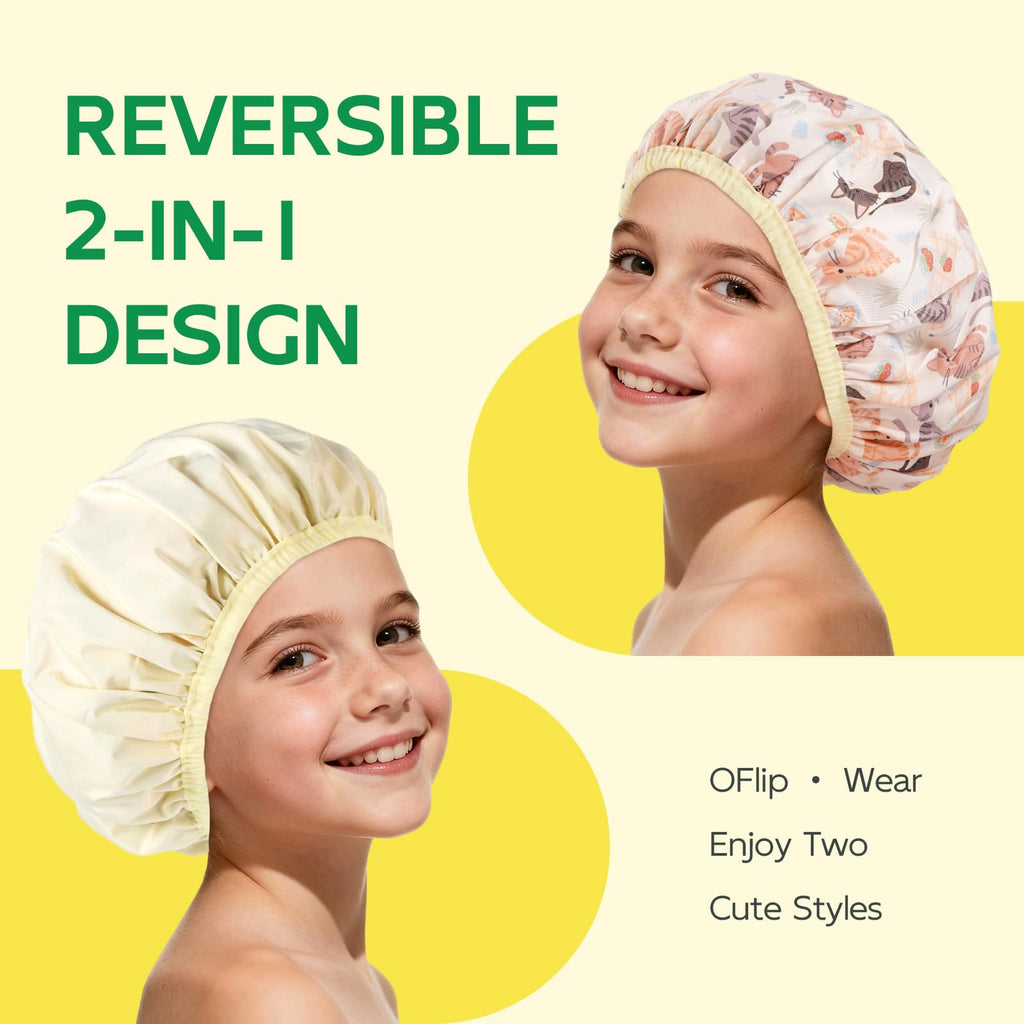 Years calm Kids Shower Cap, Waterproof Reusable Cartoon Bath Cap with Double Layers & Soft Elastic Band, Washable shower cap for kids, Great for Daily Bath