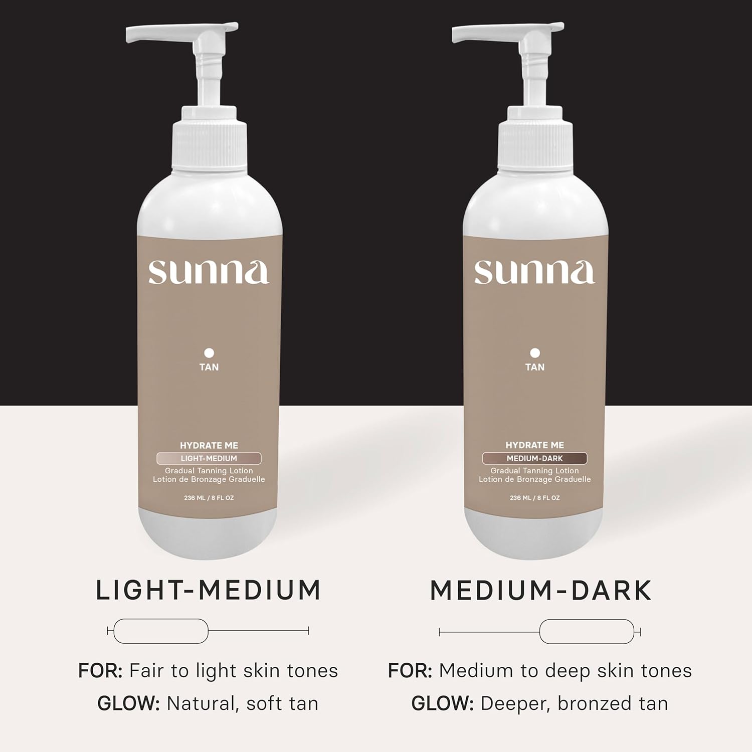 SunnaTan Gradual Self Tanning Lotion - Hydrating Formula with Hyaluronic Acid & Jojoba - Natural Ingredients for a Beautiful Tan (Medium/Dark, 236 ml)