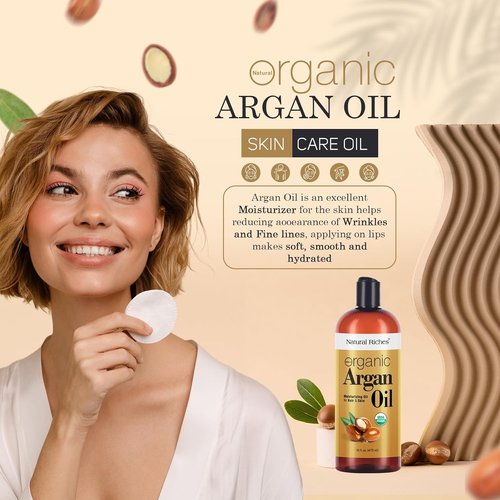 Natural Riches Organic Argan Oil - 16oz Deep Moisturizing Serum for Dry, Damaged Hair | Cold Pressed for Hair, Face & Body