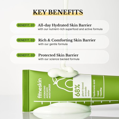 fitneskin Hydrating Avocado Moisturizer, 1.7 Fl Oz (50ml) – Avocado Fruit Water + Hyaluronic Acid, Vitamin B3 & Pro-Vitamin B5 – Creamy-Soft Barrier Hydration, Fragrance-Free, Vegan Korean Skincare