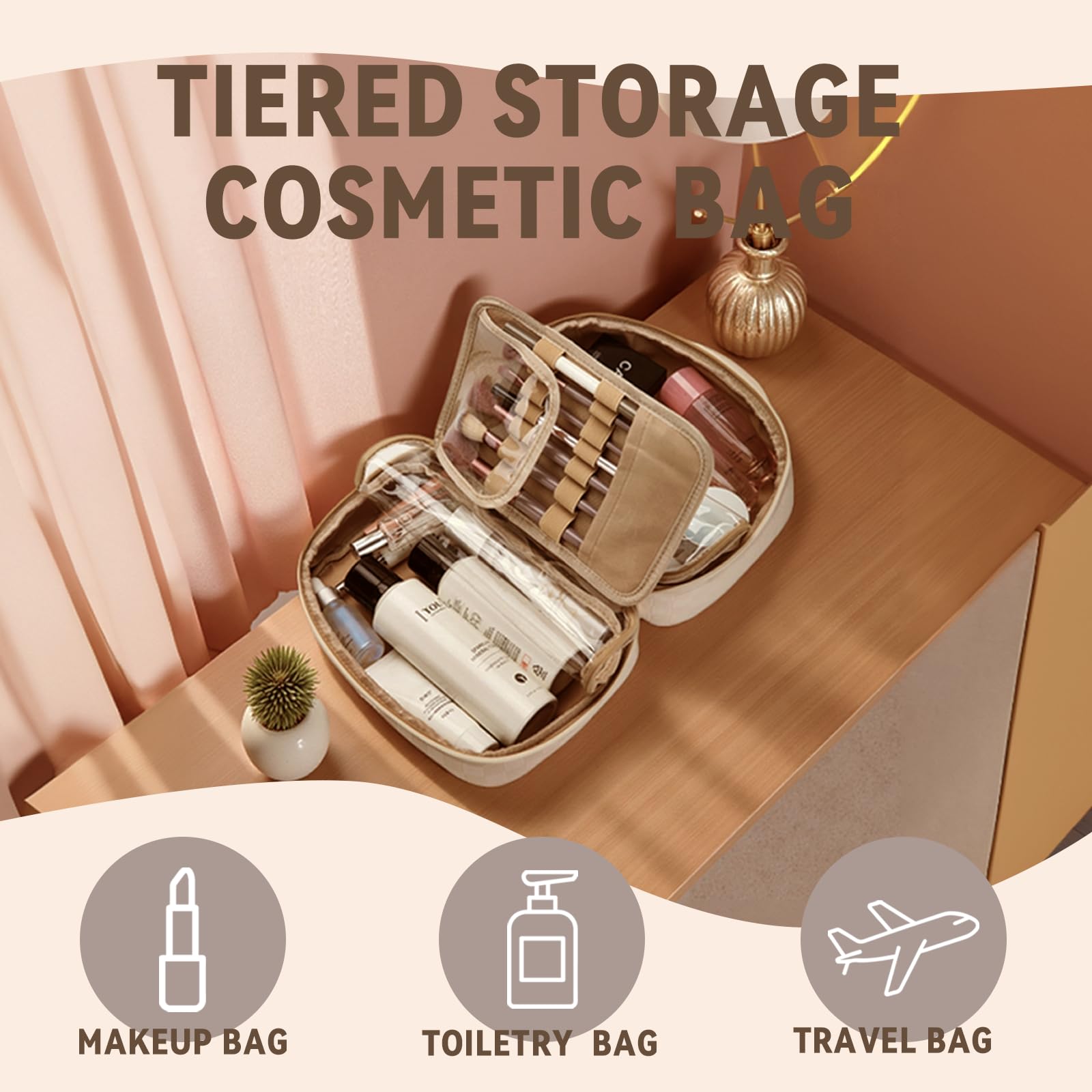 YDR Toiletry Bag with Brush Holder,Travel Makeup Bag Large Capacity Cosmetic Bag Organizer for Women Waterproof Checkered Multi-Compartment Makeup Case