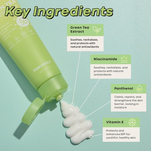 TONYMOLY Green Tea Korean Sunscreen SPF 50 – Non-Greasy Broad Spectrum Face Sunscreen with Niacinamide, Panthenol & Hyaluronic Acid, Travel Size 50ml