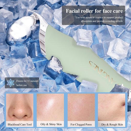 Vangines 3-in-1 Blackhead Remover Tool with Ice Roller & 2 Silicone Brush Heads - Pore Cleaning Face Spatula, Stainless Steel Skin Scraper for Nose, T-Zone Deep Cleansing (Sage Mist)