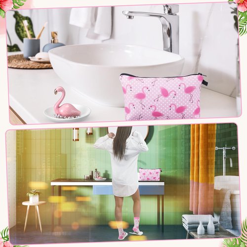 Newtay 3 Pcs Valentines Day Gifts for Women, Ring Holder Makeup Bag Fuzzy Socks with Grippers, Cute Gifts for Holiday(Flamingo)