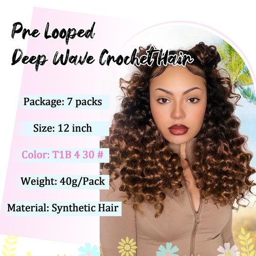 Gowit Pre Looped Deep Wave Crochet Hair 12 Inch 7 Packs Short Curly Black to Brown Pre Twisted Ocean Wave Deep Twist Crochet Braids Synthetic Braiding Hair for Black Women