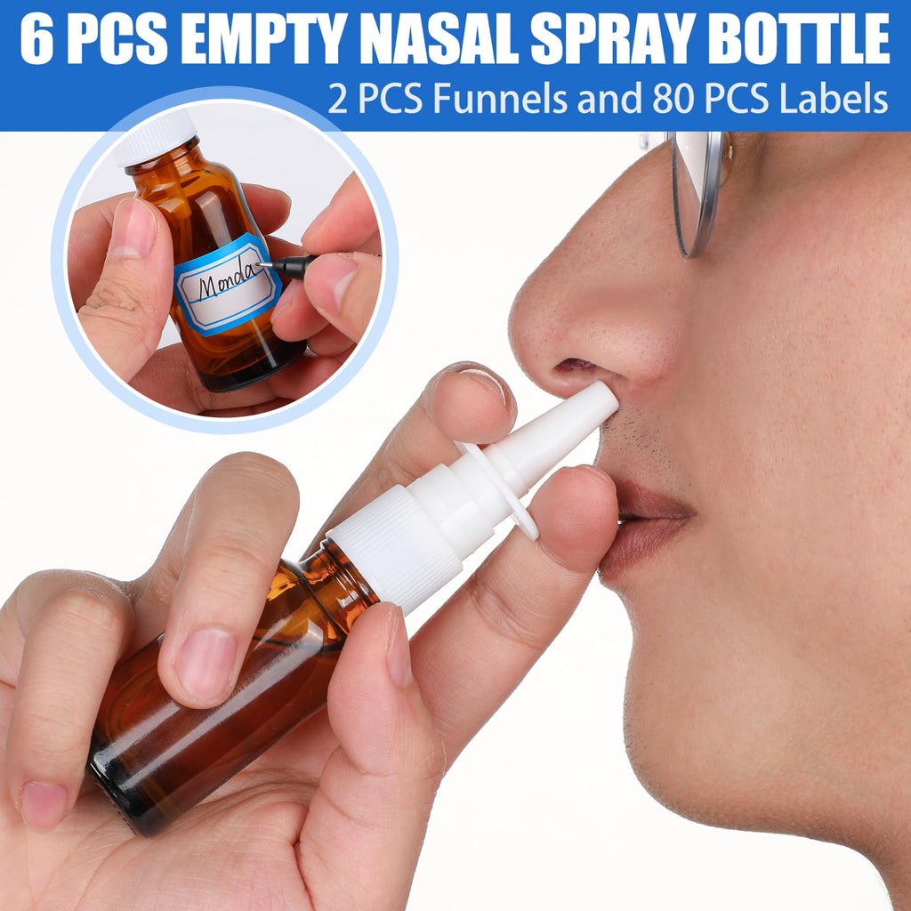 ZHWKMYP 10 Pcs Nasal Spray Bottle, 20ML/0.7OZ 6 Pcs Fine Mist Glass Empty Refillable Nasal Spray Bottle with 2 Funnels and 2 Labels