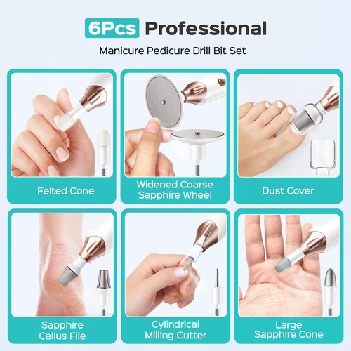 COSLUS C43 Professional Manicure Pedicure Kit, 5-in-1 Electric Nail File for Toenail Hand Feet Care - Wider Grinder for Thick Nails, Cordless, 5 Speed, for Men Women Seniors Home Salon, White (END10)