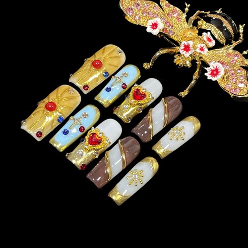 Handmade Press On Nails Middle/Long Square Luxury Acrylic Fake Nails - Vintage Red Heart & Diamond Gold Salon False Nails, 3D Press Ons Gift for Women (Luxury gold, L)