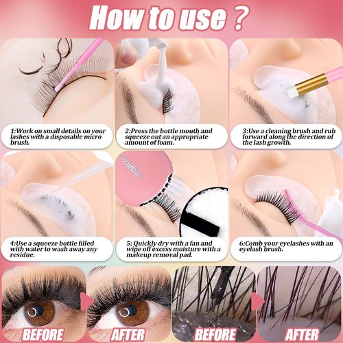 DIY Lash Extension Kit with 280 PCS 9-16mm 40D Lashes Clusters 200ml/6.7fl.oz Lash Cleanser Eyelash Shampoo Mini USB Portable Lash Fan Bond and Seal Remover Eyeliner Eyelid Cleaning Brush