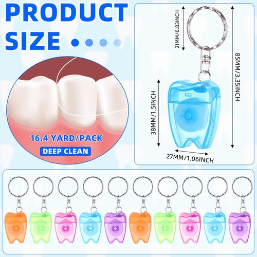 Landical 50 Pcs Mini Dental Floss Keychain Bulk Tooth Shaped Portable Floss Cleaning for Travel Homeless Donated Gifts Teeth Cleaning Oral Care 15 M /16.4 Yard (Multicolor)