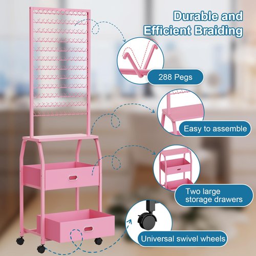 Portable Braiding Hair Rack with Wheels & Storage Drawers,2-Sided 288 Pegs,Hair Extension Holder Hanger for Braiding Hair Separator Stand Display,Hair Rack with Stylist Hair braiding Tools（Pink）