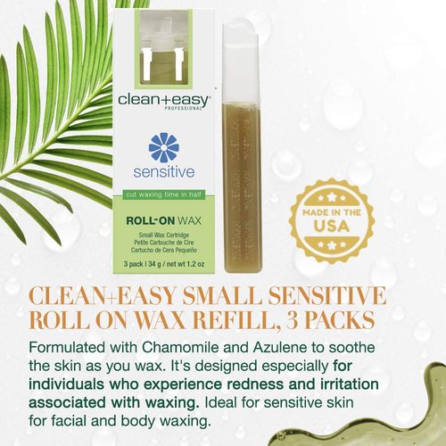 Clean + Easy Sensitive Roll On Wax – Small Wax Refill Cartridges for Delicate & Sensitive Skin, Hair Removal for Face, Brows & Bikini, 3 Pack
