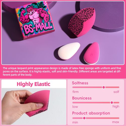 BS-MALL Dual-purpose Powder Puff & Makeup Sponge – Premium Makeup Sponge Set For Foundation, Loose Powder – Travel-friendly, Multi-purpose Portable Travel (Hot Pink Leopard print Sponge)