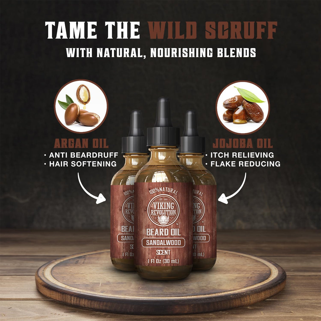 Viking Revolution Sandalwood Beard Oil for Men - Natural Mens Beard Oil with Argan Oil and Jojoba Oil - Beard Softener, Strengthens and Moisturizes - Beard Conditioner for Men (Sandalwood, 3 Pack)