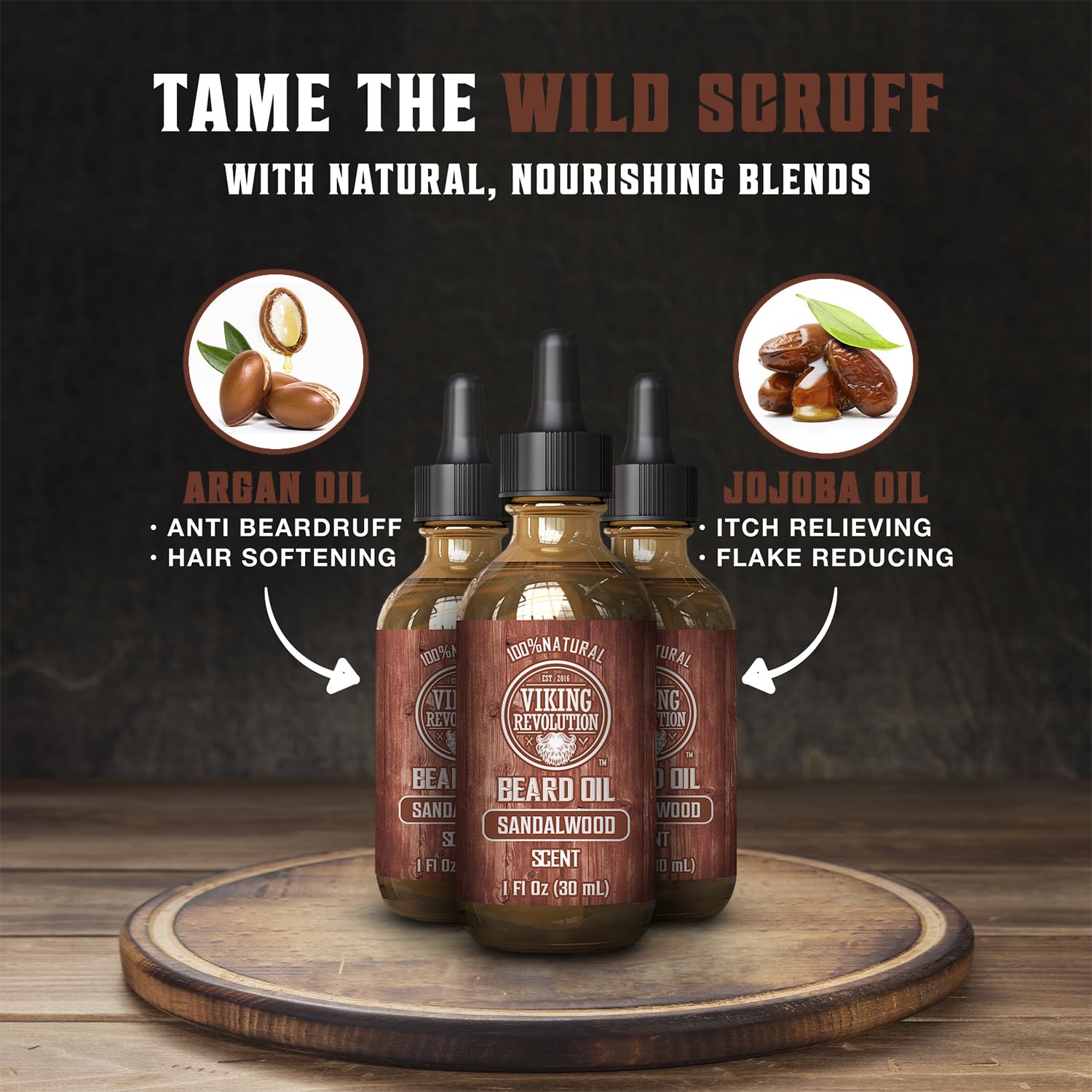 Viking Revolution Sandalwood Beard Oil for Men - Natural Mens Beard Oil with Argan Oil and Jojoba Oil - Beard Softener, Strengthens and Moisturizes - Beard Conditioner for Men (Sandalwood, 3 Pack)