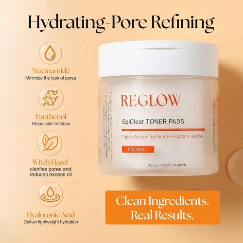 ReGlow EpiClear Toner Pads - Exfoliating Facial Pads with PHA, AHA, BHA & Niacinamide - Hydrating & Resurfacing Daily Peel for Smooth Skin | 60 Pads