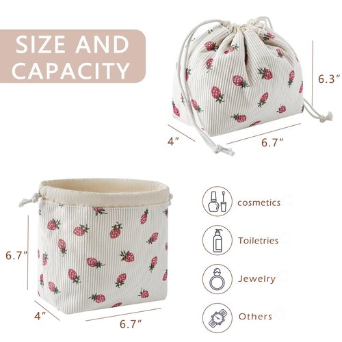 Cute Soft Corduroy Drawstring Makeup Bag with Canvas Lining, Coquette Aesthetic Drawstring Cosmetic with Strawberry Pattern for Women Girls, Kawaii Travel Makeup Organizer Case(06 Strawberry)