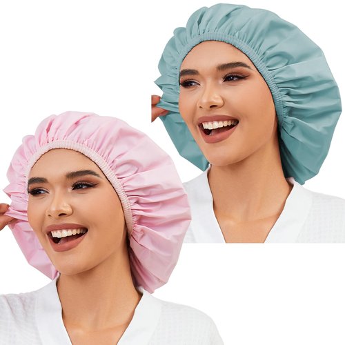 2 Pack Shower Caps for Women, Reusable Waterproof Shower Cap with Elastic Band, Thickened Waterproof Fabric Shower Bonnet for Braids, Long Hair