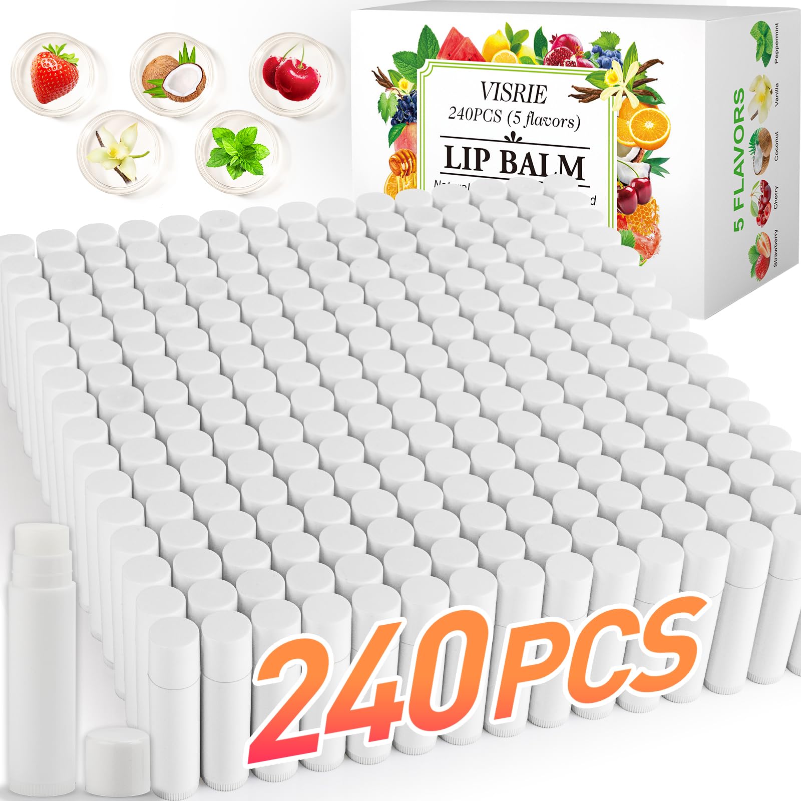 VISRIE 240 Pack Lip Balm Unlabeled, Natural Lip Balm Bulk Blank Tube, Personalized Lip Balms for Party Favors Adults and Bridal Shower Favors or Baby Shower Gifts-5 Flavors
