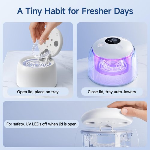HouseSapp Ultrasonic Retainer Cleaner Machine - 45kHz Dental Clean Pod with 6 Cleaning Lights for Denture, Toothbrush Head, Aligner, Night/Mouth Guard, Jewelry, Ultra Sonic Cleaner with Lifting Tray