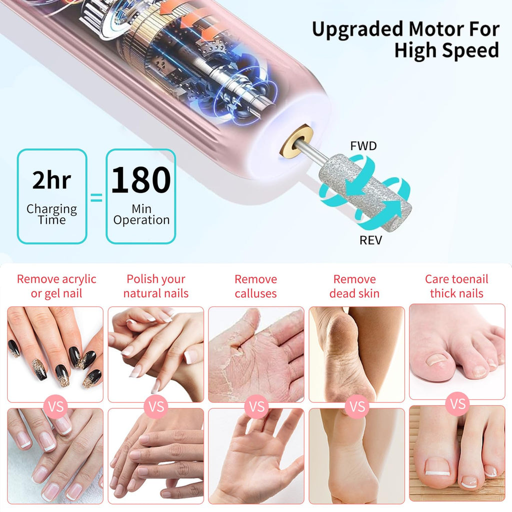 XunmotorYao Electric Nail File Set,Professional 3 Speeds Cordless Electric Nail Drill Kit for Acrylic Gel Nails,12 in 1 Manicure and Pedicure Tools for Home Salon(Pink)