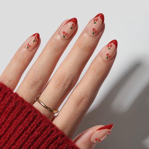 BTArtbox French Tip Press On Nails Almond - Red Press On Nails with Cherry Design, Short Almond Stick On Nails for Women, Soft Gel Fake Nails Kit in 16 Sizes, Sweet Cherry