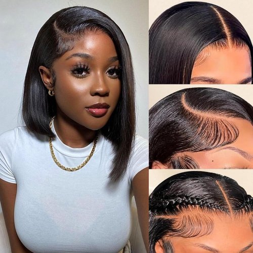 LYOLKSER 13x4 lace front wigs human hair indian remy straight bob wig human hair pre plucked natural color 10 inch