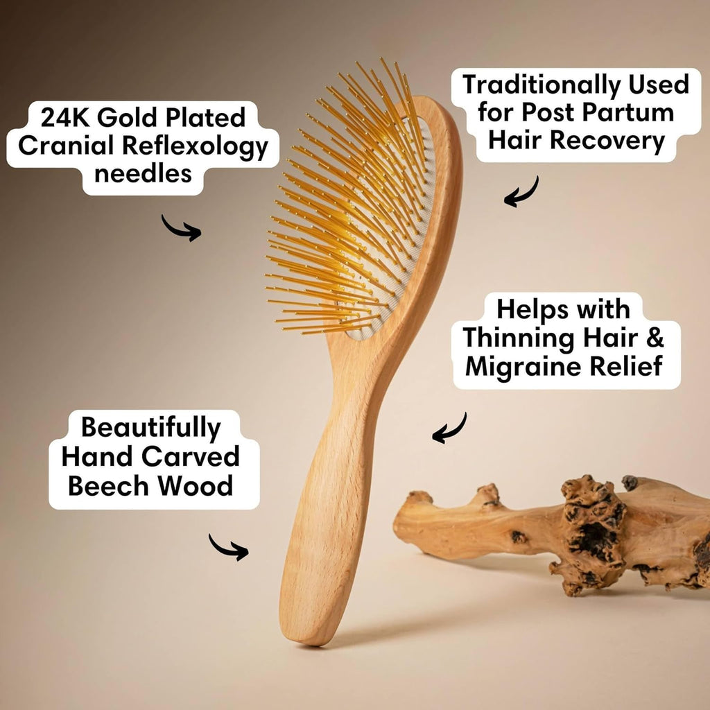 Snow Fox Skincare Gua Sha Hair Brush - Wooden Edition | Scalp Massage Comb with Gold-Plated Bristles for Healthy Follicles