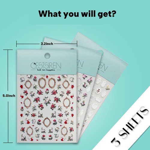 CESTSIREN Rose Flower Frame Nail Art Stickers Pearl Rhinestones Embossed Vintage Nail Decals for Nail Art Design Self-Adhesive Nail Accessories for Women Nail Art Supplies 3 Sheets