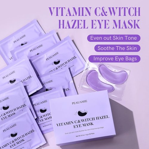 PEAUAMIE Under Eye Patches - Vitamin C & Witch Hazel Eye Mask for Dark Circles | 30 Pairs
