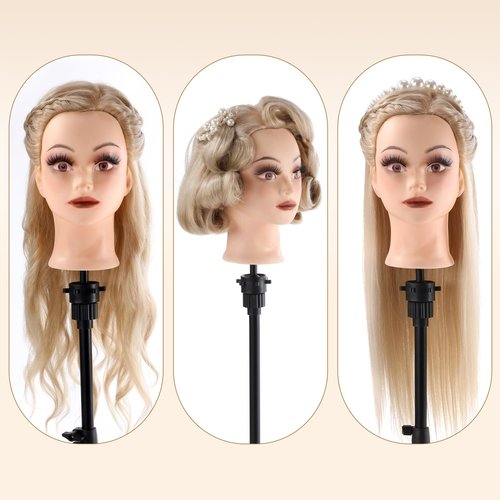 Mannequin Head Human Hair, Make Up Mannequin Head with 70% Real Hair Mannequin Cosmetology Manikin Practice Doll Head for hair styling Braiding Hairdressing Head