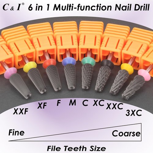 C & I Nail Drill Bit 6 in 1 Multi-function Rounded End E-file, Diamond Coat, CNC Overall Cut Nail Tools for Nail Techs Quick Remove Acrylic Nail Gels & Nail Art (Special Coat, Double Fine -XXF)