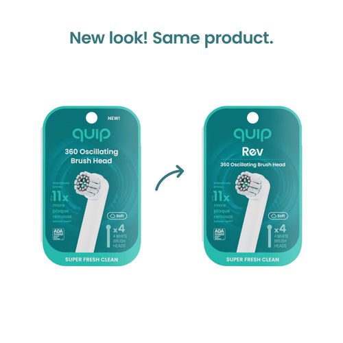 quip Rev Oscillating Electric Toothbrush Heads - 4 Pack - Verified quip Brush Head Refills for Oscillating Toothbrushes - Soft Bristles, Dual-Length, Compact - Last 3 Months Each - White