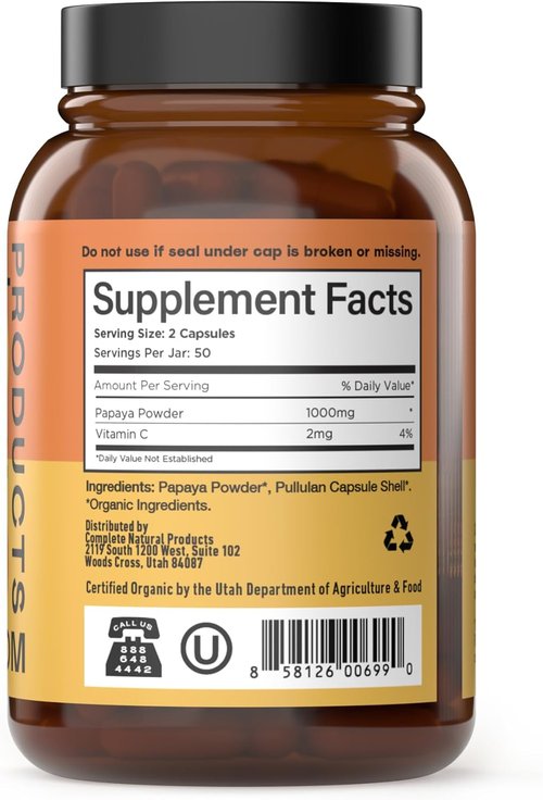 Papaya Enzyme Capsules 500mg - Organic Digestive Support with Papain | Vegan Non-GMO Herbal Supplement
