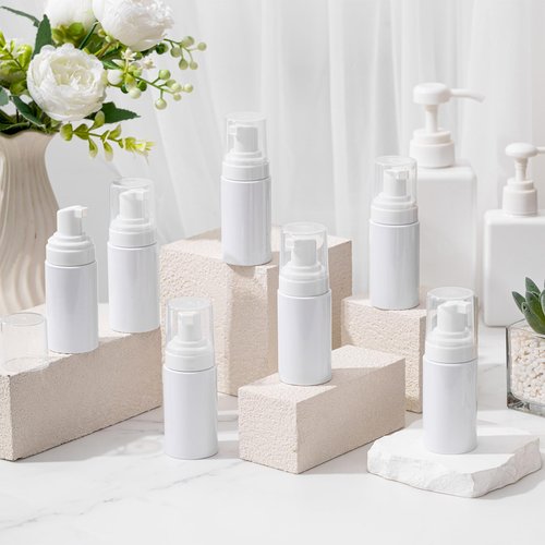 Teenyyou 50pcs Foam Pump Bottles 1oz/30ml Plastic Mini Empty Dispenser DIY Travel Face Cleanser Mousse Soap Foam Bottle Refillable Hand Soap Eyelash Shampoo Cosmetics Portable Travel Pack(White)