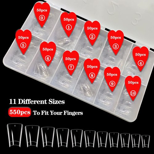 550PCS Duck Nail Tips for Acrylic Nails Professional, Clear Duck Feet Fan Flare Tips, Half Cover Duck Tip Nails Extra Short Curved French Fake Nail Extension Tips with Box 11 Sizes