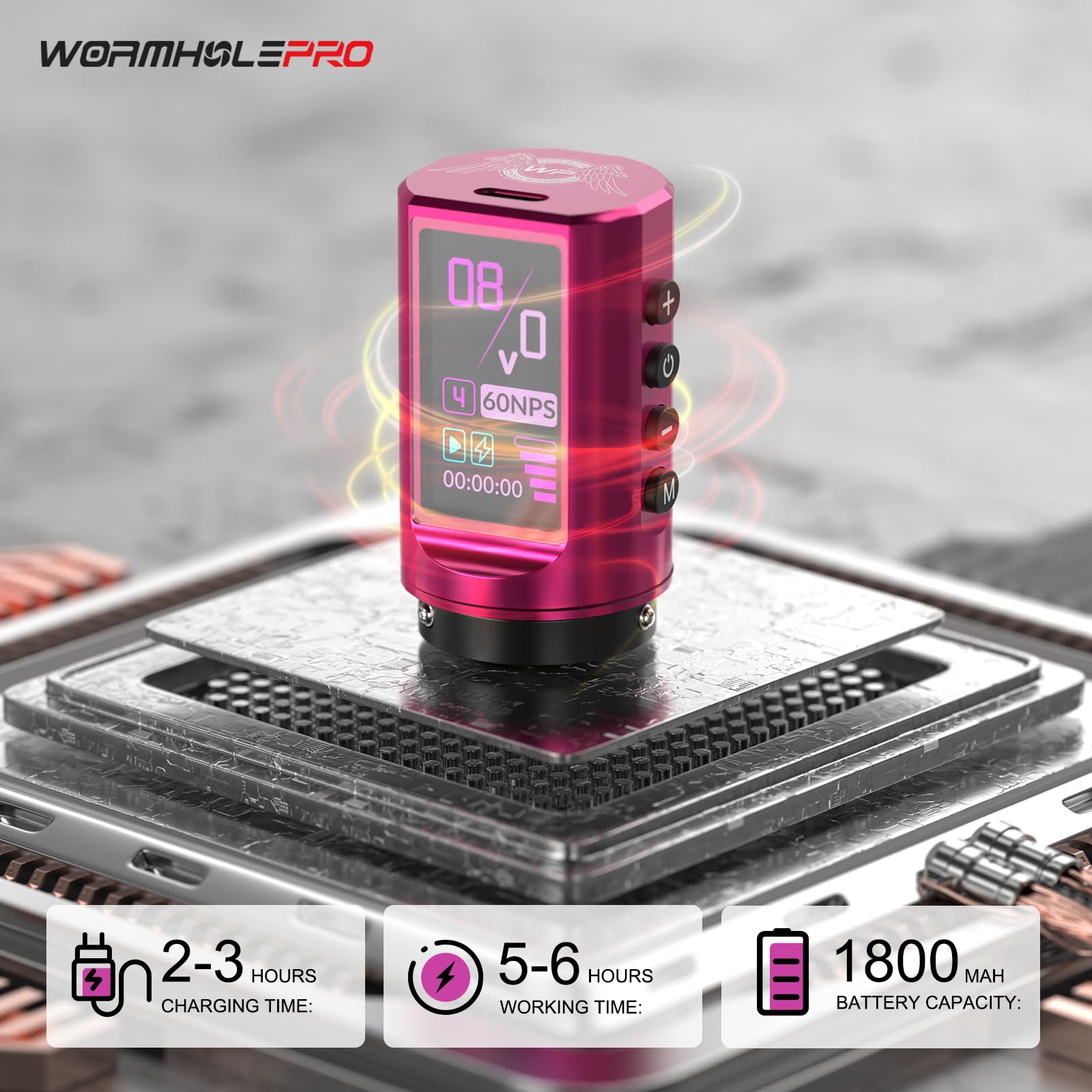 WORMHOLE PRO 80PCS Tattoo Gun Kit with 7 Adjustable Strokes, 1,800 mAh Capacity Replacement Power Supply, Digital LED Display, 20Pcs Tattoo Needles for Artists VIRGO - Pink