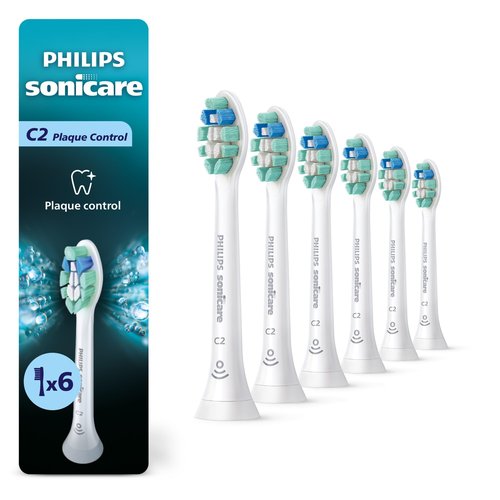 Philips Sonicare C2 Plaque Control - Genuine Replacement Electric Toothbrush Heads, White, 6 Pack Up to 18 Month Supply, HX9026/77