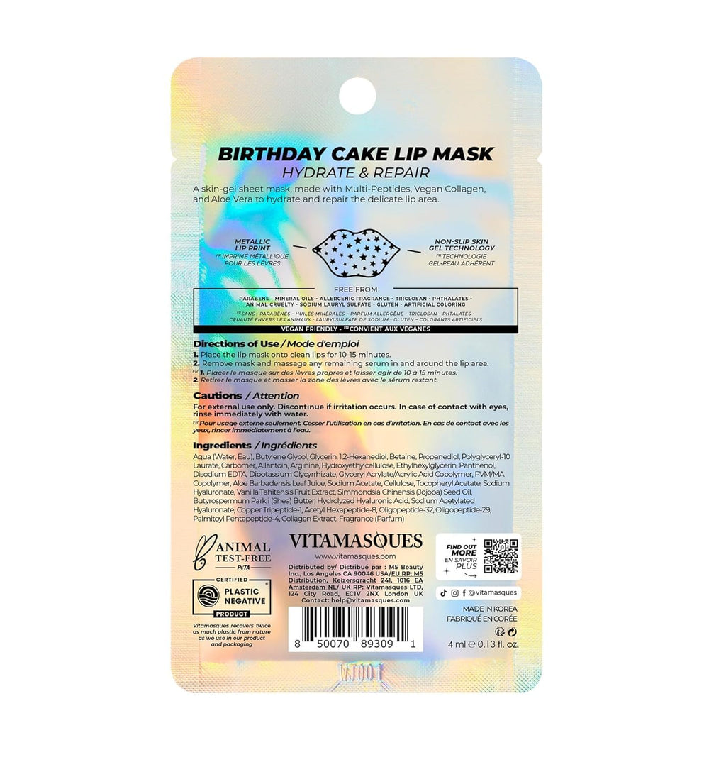 Vitamasques Lip Mask | 3-Pack Birthday Cake Collagen Sheets for Hydration & Repair - Vegan & Cruelty-Free