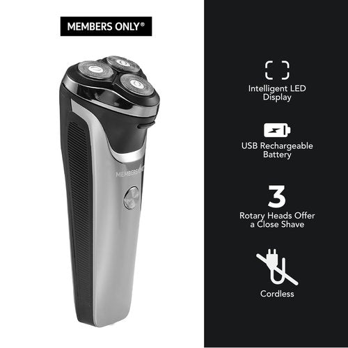 Members Only Electric Razor for Men, Lithium Metallic Cordless 3 Heads Rotary Shaver, Precision Trimming, Close Shave with Built-in Pop-up Trimmer, IPX6 Waterproof, USB Rechargeable Battery