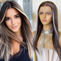 CIMITIKI Ash Brown Wigs Mixed Platinum Color Highlight Silk Straight 13x4 Lace Front Wig Synthetic Fiber 18Inch Pre Plucked Hairline for Women