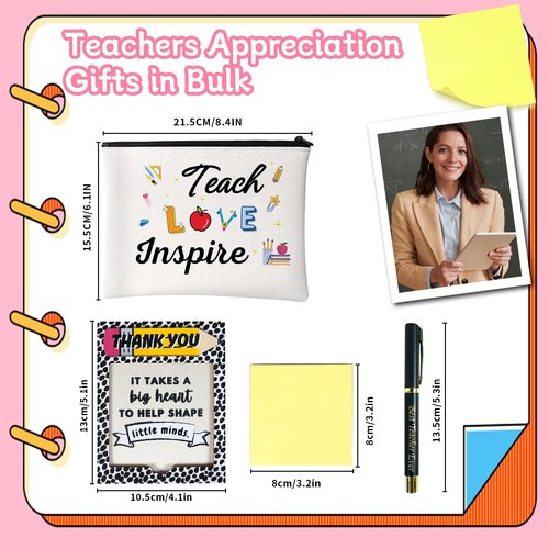 ONEHAUS Teacher Gifts 4 Set, Teacher Appreciation Gifts in Bulk Thank You Best Teachers Gift, Gift for Teachers Makeup Bag, Sticky Note, Pen for Graduation End of Year Back to School Christmas