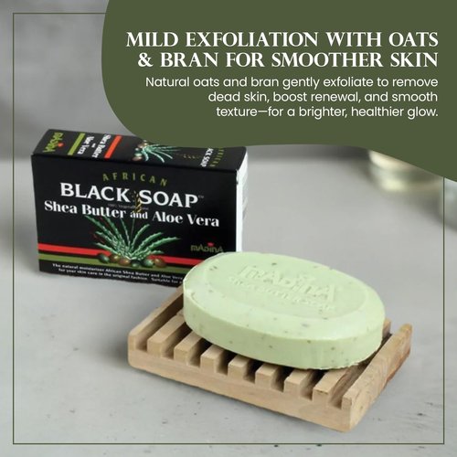 Madina African Black Soap Bar – Shea Butter, Aloe Vera, Moisturizing, Gentle Exfoliating, 100% Vegetable-Based, For All Skin Types, Face & Body Cleanser, 6 Pack (3.5 oz Each)