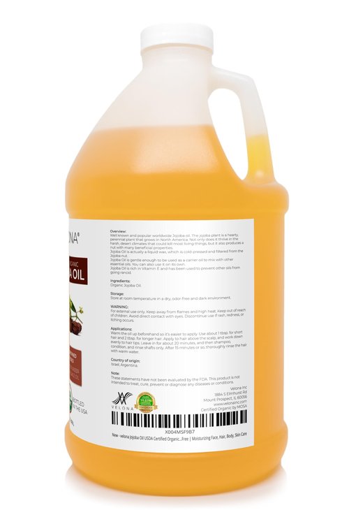 velona Jojoba Oil USDA Certified Organic - 1 Gallon / 128 Fl Oz | 100% Pure and Natural | Golden, Unrefined, Cold Pressed, Hexane Free | Moisturizing Face, Hair, Body, Skin Care